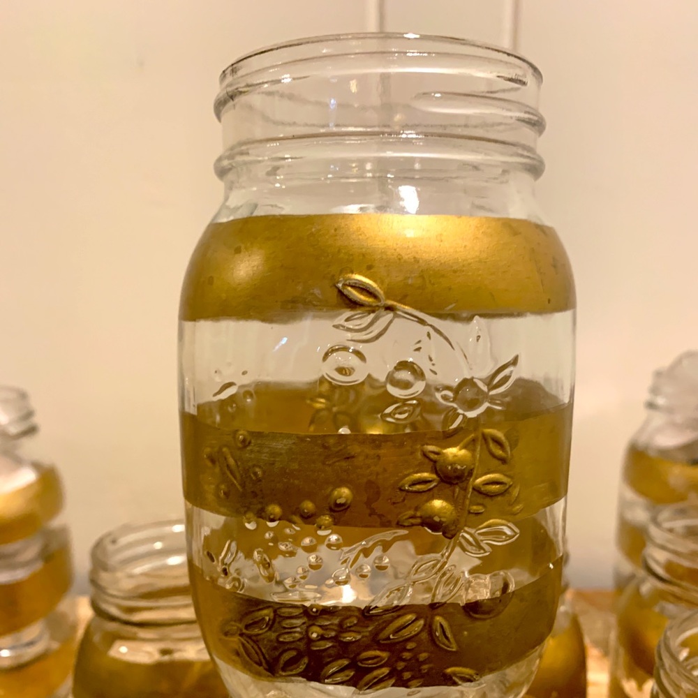 Frutta Del Prato Canning Jars w/ Gold Striping, 10 Small, 2 Large. w/ Tea Lights
